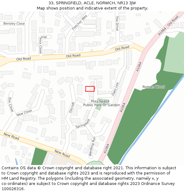 33, SPRINGFIELD, ACLE, NORWICH, NR13 3JW: Location map and indicative extent of plot