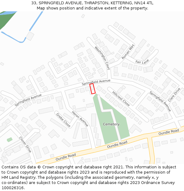 33, SPRINGFIELD AVENUE, THRAPSTON, KETTERING, NN14 4TL: Location map and indicative extent of plot