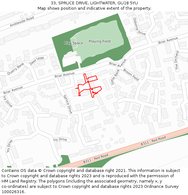 33, SPRUCE DRIVE, LIGHTWATER, GU18 5YU: Location map and indicative extent of plot