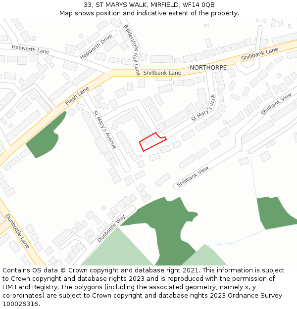 33, ST MARYS WALK, MIRFIELD, WF14 0QB: Location map and indicative extent of plot