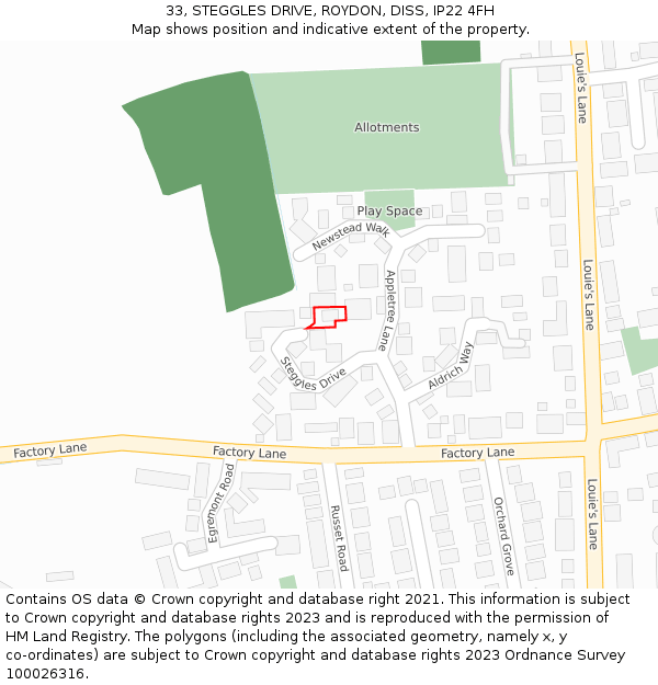 33, STEGGLES DRIVE, ROYDON, DISS, IP22 4FH: Location map and indicative extent of plot