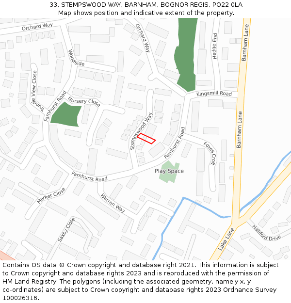 33, STEMPSWOOD WAY, BARNHAM, BOGNOR REGIS, PO22 0LA: Location map and indicative extent of plot