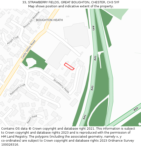 33, STRAWBERRY FIELDS, GREAT BOUGHTON, CHESTER, CH3 5YF: Location map and indicative extent of plot
