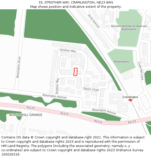 33, STROTHER WAY, CRAMLINGTON, NE23 8AN: Location map and indicative extent of plot