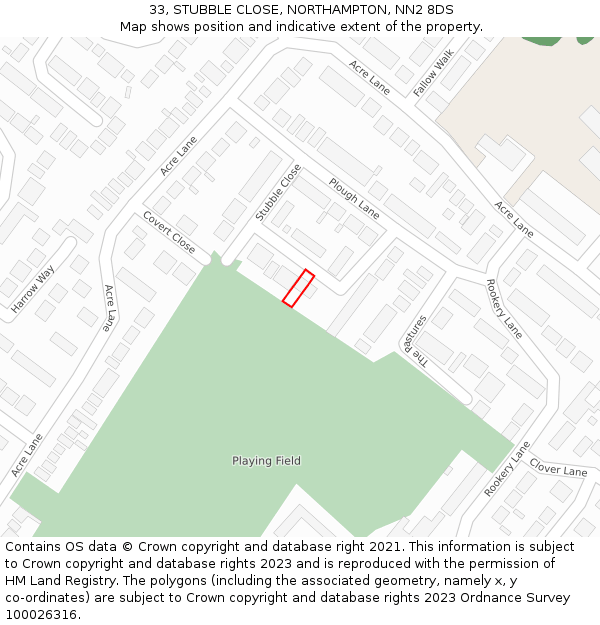 33, STUBBLE CLOSE, NORTHAMPTON, NN2 8DS: Location map and indicative extent of plot