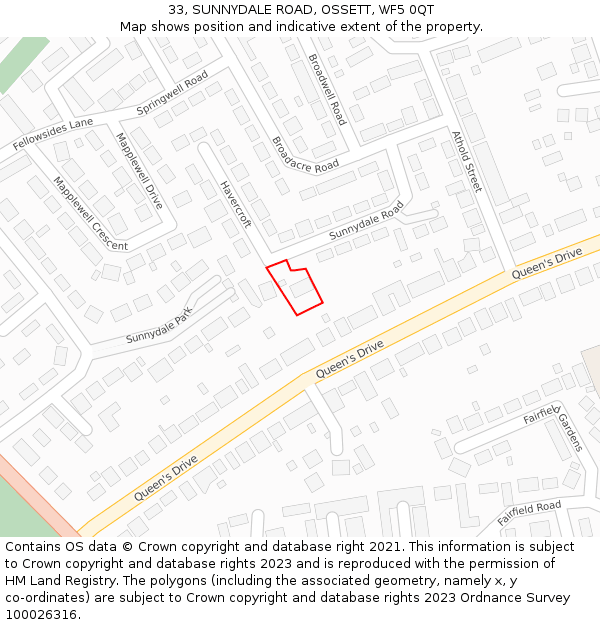 33, SUNNYDALE ROAD, OSSETT, WF5 0QT: Location map and indicative extent of plot