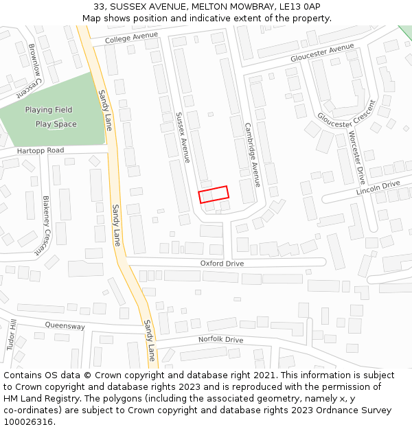 33, SUSSEX AVENUE, MELTON MOWBRAY, LE13 0AP: Location map and indicative extent of plot