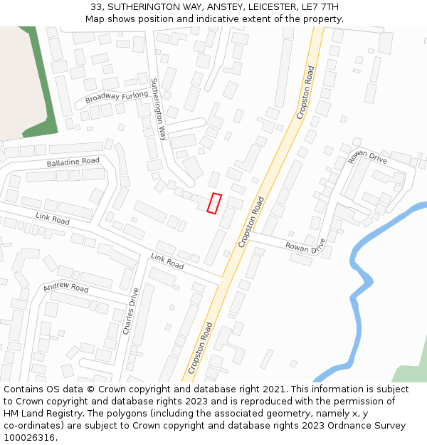 33, SUTHERINGTON WAY, ANSTEY, LEICESTER, LE7 7TH: Location map and indicative extent of plot