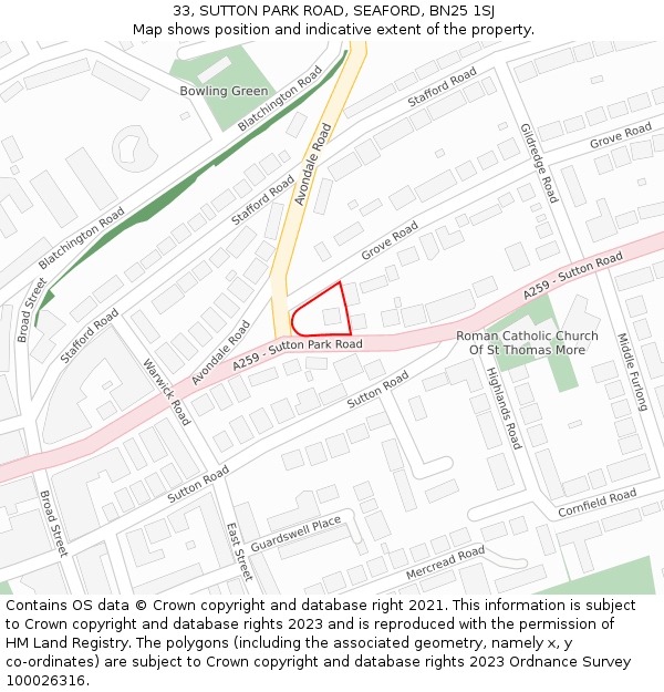 33, SUTTON PARK ROAD, SEAFORD, BN25 1SJ: Location map and indicative extent of plot