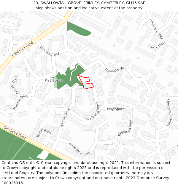 33, SWALLOWTAIL GROVE, FRIMLEY, CAMBERLEY, GU16 9AE: Location map and indicative extent of plot