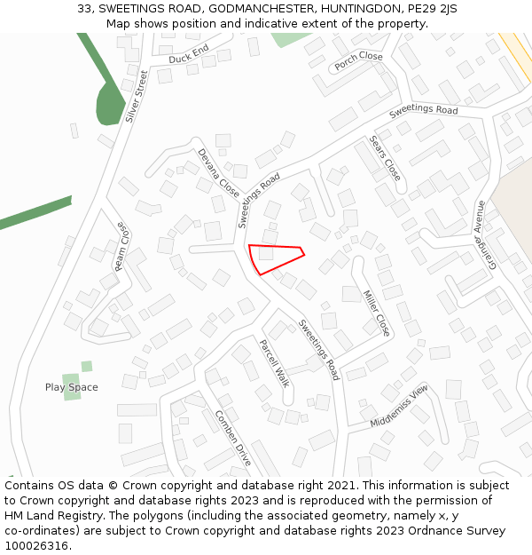 33, SWEETINGS ROAD, GODMANCHESTER, HUNTINGDON, PE29 2JS: Location map and indicative extent of plot