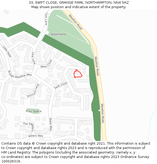 33, SWIFT CLOSE, GRANGE PARK, NORTHAMPTON, NN4 5AZ: Location map and indicative extent of plot