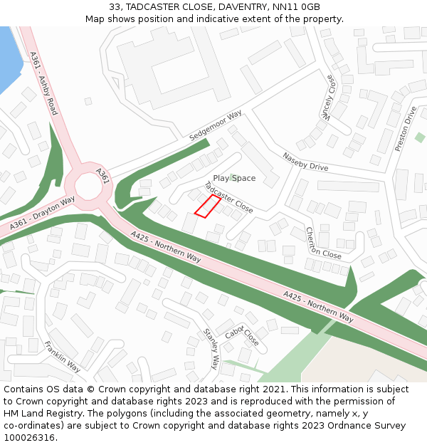 33, TADCASTER CLOSE, DAVENTRY, NN11 0GB: Location map and indicative extent of plot