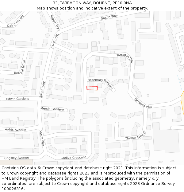 33, TARRAGON WAY, BOURNE, PE10 9NA: Location map and indicative extent of plot