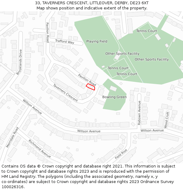 33, TAVERNERS CRESCENT, LITTLEOVER, DERBY, DE23 6XT: Location map and indicative extent of plot