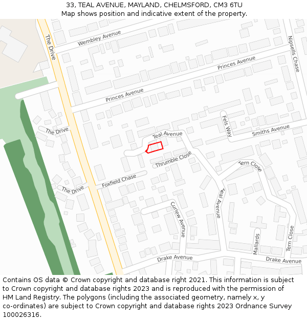 33, TEAL AVENUE, MAYLAND, CHELMSFORD, CM3 6TU: Location map and indicative extent of plot