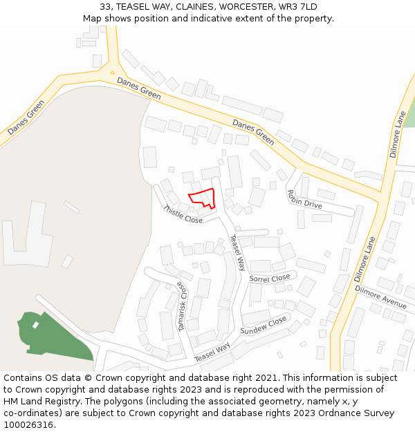 33, TEASEL WAY, CLAINES, WORCESTER, WR3 7LD: Location map and indicative extent of plot