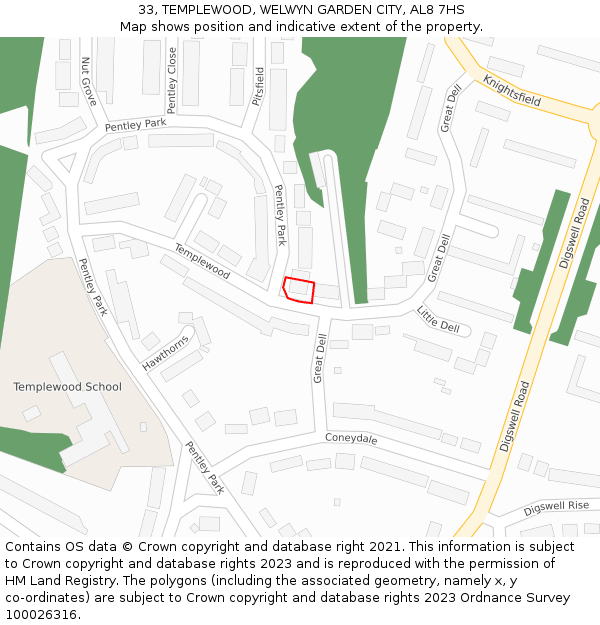 33, TEMPLEWOOD, WELWYN GARDEN CITY, AL8 7HS: Location map and indicative extent of plot
