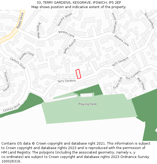 33, TERRY GARDENS, KESGRAVE, IPSWICH, IP5 2EP: Location map and indicative extent of plot