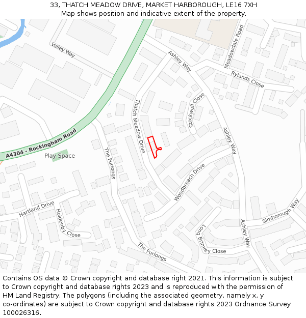 33, THATCH MEADOW DRIVE, MARKET HARBOROUGH, LE16 7XH: Location map and indicative extent of plot