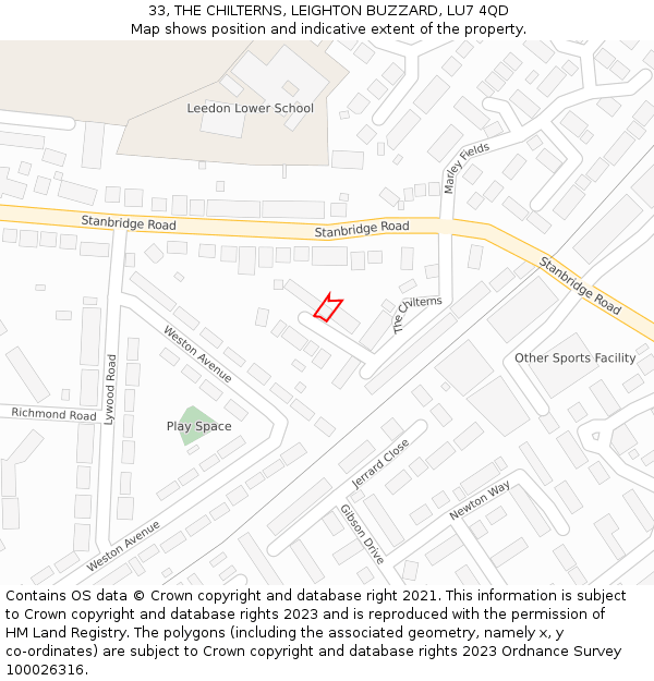 33, THE CHILTERNS, LEIGHTON BUZZARD, LU7 4QD: Location map and indicative extent of plot