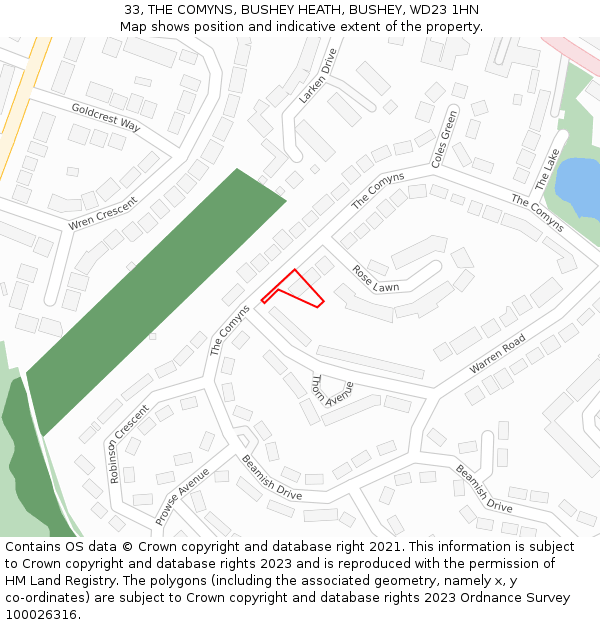 33, THE COMYNS, BUSHEY HEATH, BUSHEY, WD23 1HN: Location map and indicative extent of plot