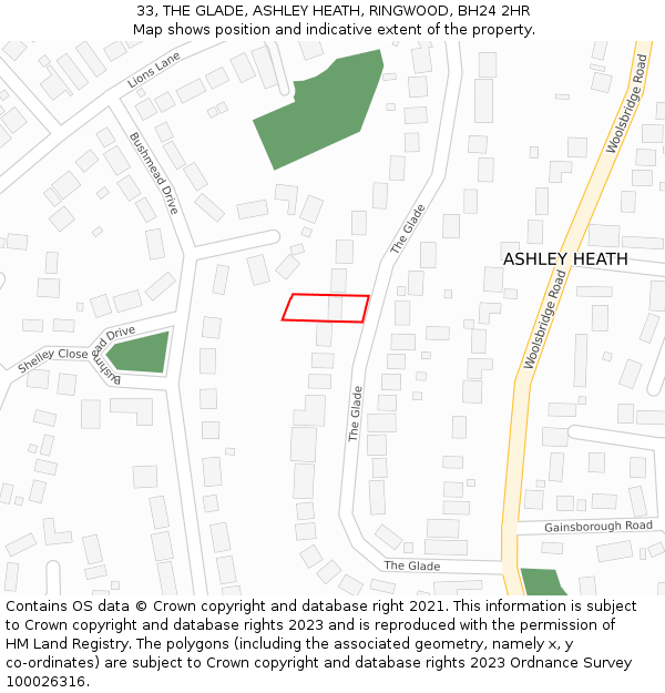 33, THE GLADE, ASHLEY HEATH, RINGWOOD, BH24 2HR: Location map and indicative extent of plot