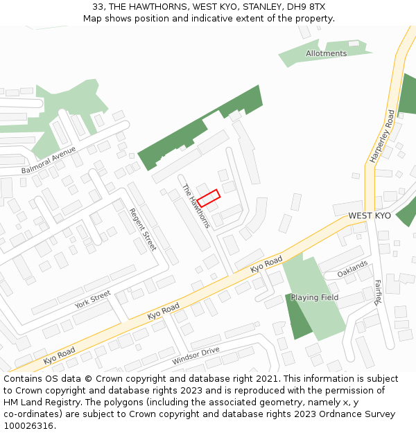 33, THE HAWTHORNS, WEST KYO, STANLEY, DH9 8TX: Location map and indicative extent of plot