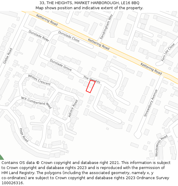 33, THE HEIGHTS, MARKET HARBOROUGH, LE16 8BQ: Location map and indicative extent of plot