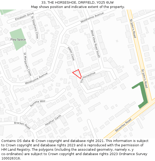 33, THE HORSESHOE, DRIFFIELD, YO25 6UW: Location map and indicative extent of plot