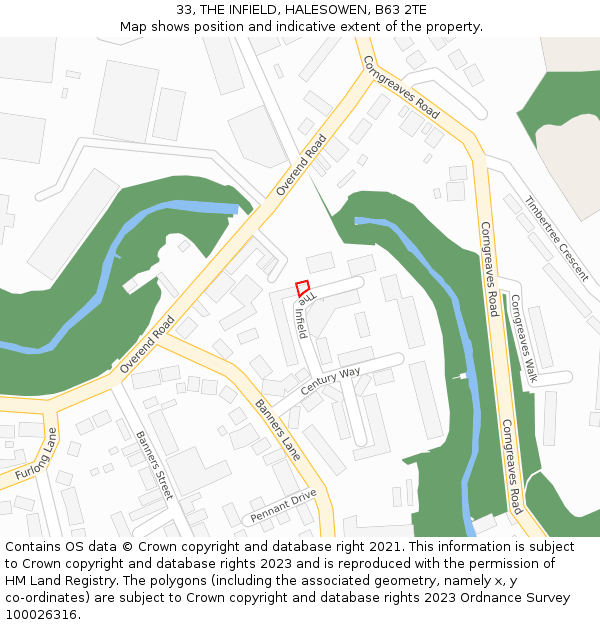 33, THE INFIELD, HALESOWEN, B63 2TE: Location map and indicative extent of plot