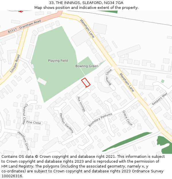 33, THE INNINGS, SLEAFORD, NG34 7GA: Location map and indicative extent of plot