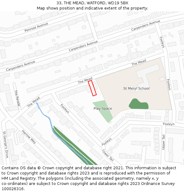 33, THE MEAD, WATFORD, WD19 5BX: Location map and indicative extent of plot