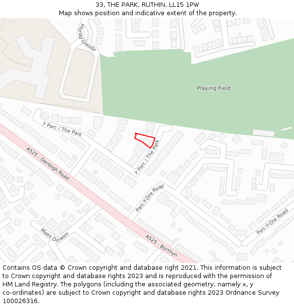 33, THE PARK, RUTHIN, LL15 1PW: Location map and indicative extent of plot