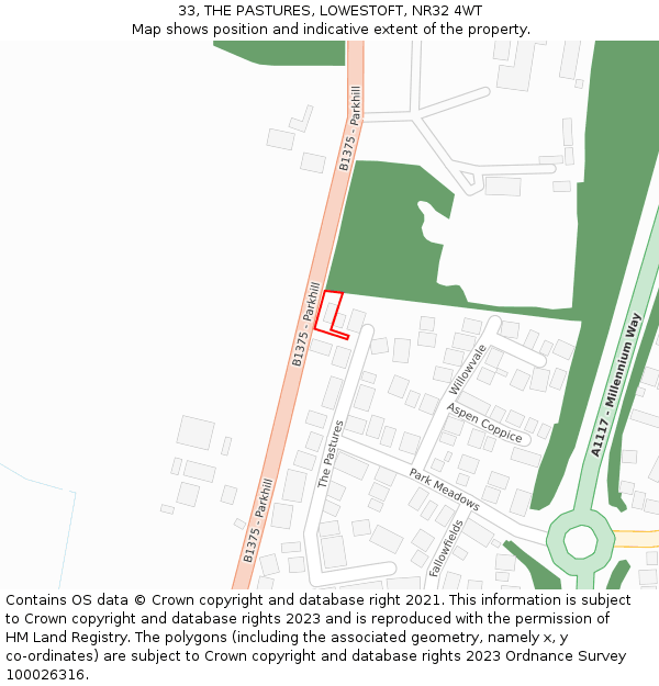 33, THE PASTURES, LOWESTOFT, NR32 4WT: Location map and indicative extent of plot
