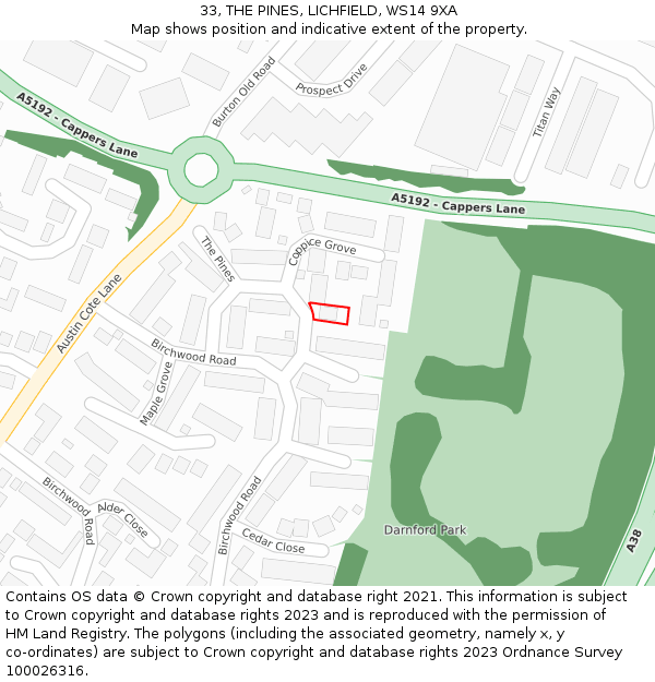 33, THE PINES, LICHFIELD, WS14 9XA: Location map and indicative extent of plot