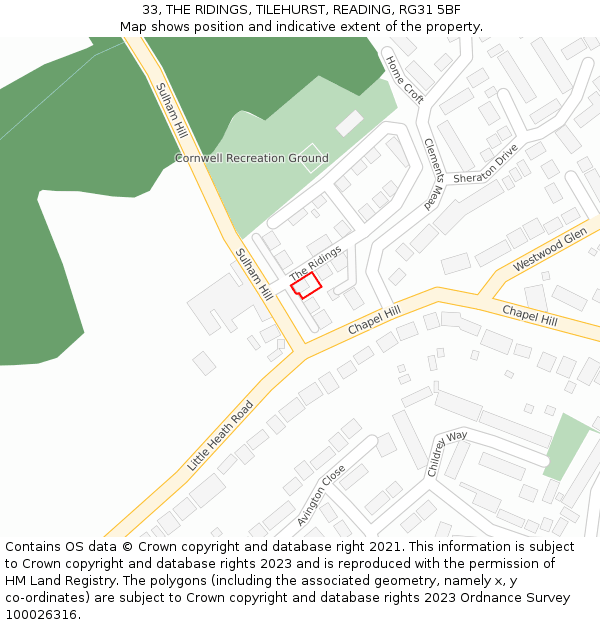33, THE RIDINGS, TILEHURST, READING, RG31 5BF: Location map and indicative extent of plot