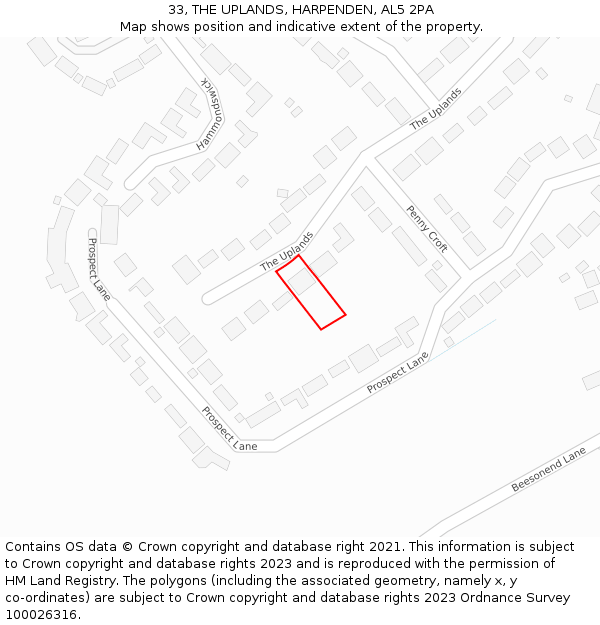 33, THE UPLANDS, HARPENDEN, AL5 2PA: Location map and indicative extent of plot