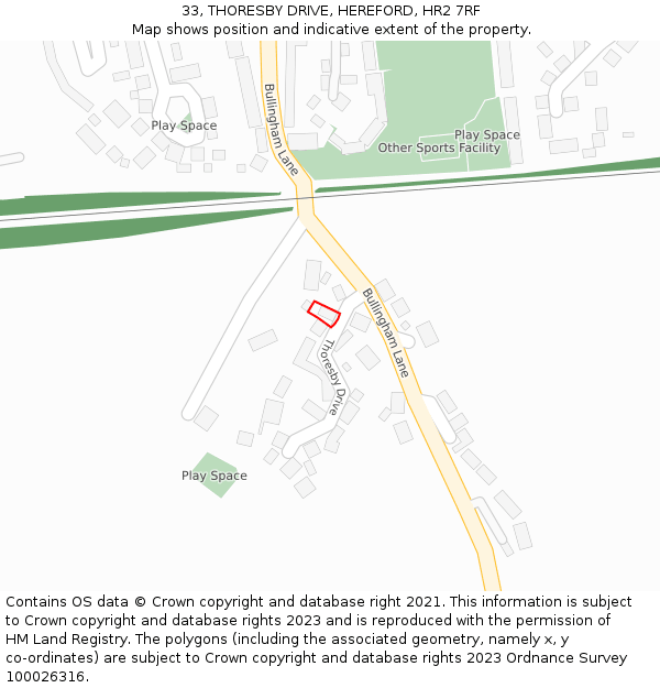 33, THORESBY DRIVE, HEREFORD, HR2 7RF: Location map and indicative extent of plot