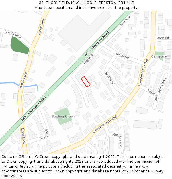 33, THORNFIELD, MUCH HOOLE, PRESTON, PR4 4HE: Location map and indicative extent of plot