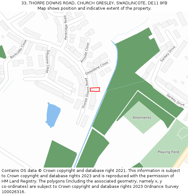 33, THORPE DOWNS ROAD, CHURCH GRESLEY, SWADLINCOTE, DE11 9FB: Location map and indicative extent of plot