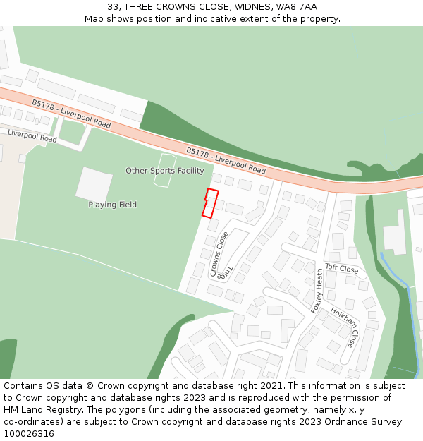 33, THREE CROWNS CLOSE, WIDNES, WA8 7AA: Location map and indicative extent of plot