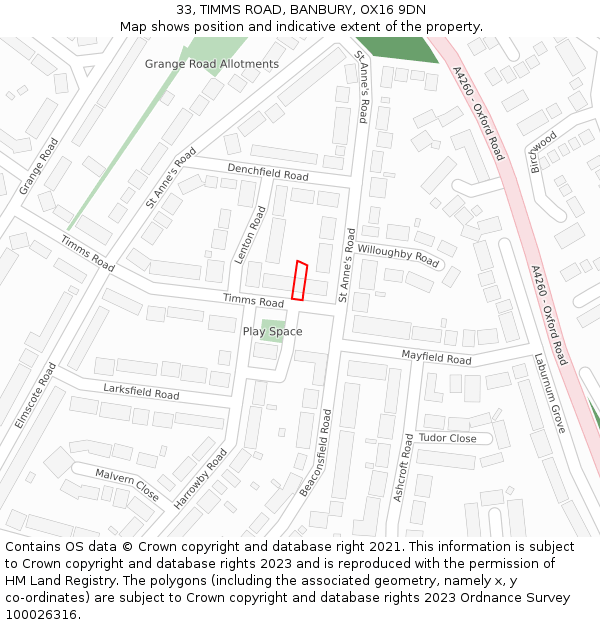 33, TIMMS ROAD, BANBURY, OX16 9DN: Location map and indicative extent of plot