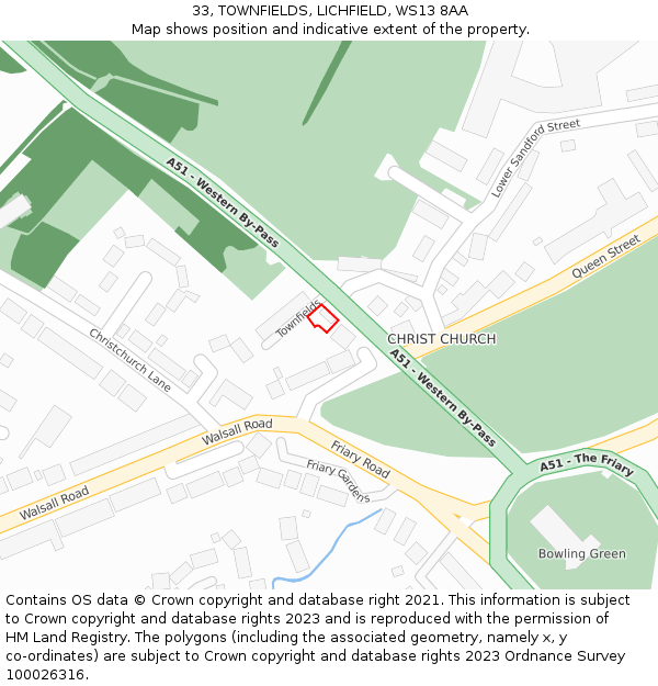 33, TOWNFIELDS, LICHFIELD, WS13 8AA: Location map and indicative extent of plot