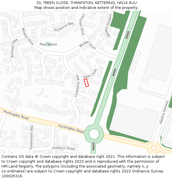 33, TREEN CLOSE, THRAPSTON, KETTERING, NN14 4UU: Location map and indicative extent of plot