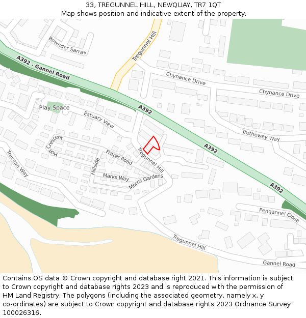 33, TREGUNNEL HILL, NEWQUAY, TR7 1QT: Location map and indicative extent of plot