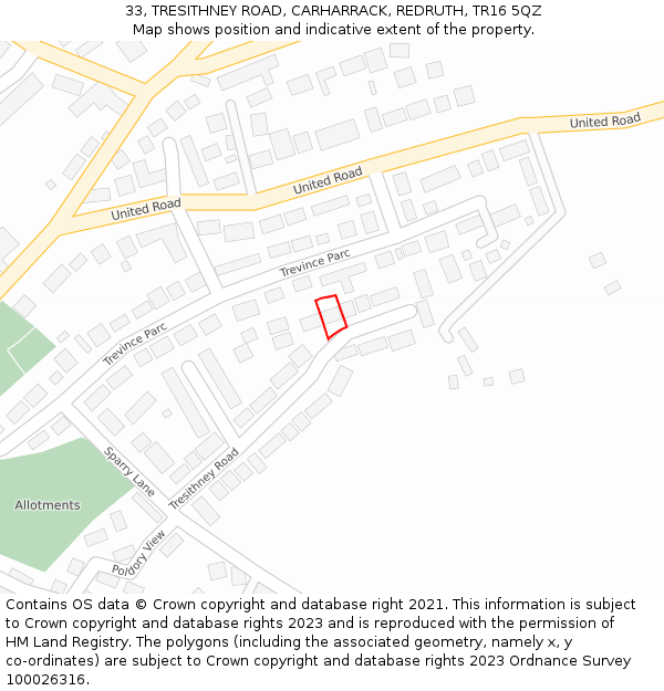 33, TRESITHNEY ROAD, CARHARRACK, REDRUTH, TR16 5QZ: Location map and indicative extent of plot