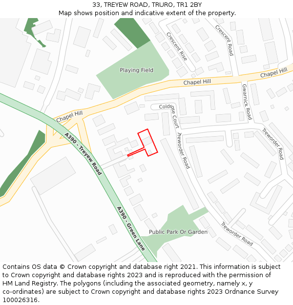 33, TREYEW ROAD, TRURO, TR1 2BY: Location map and indicative extent of plot