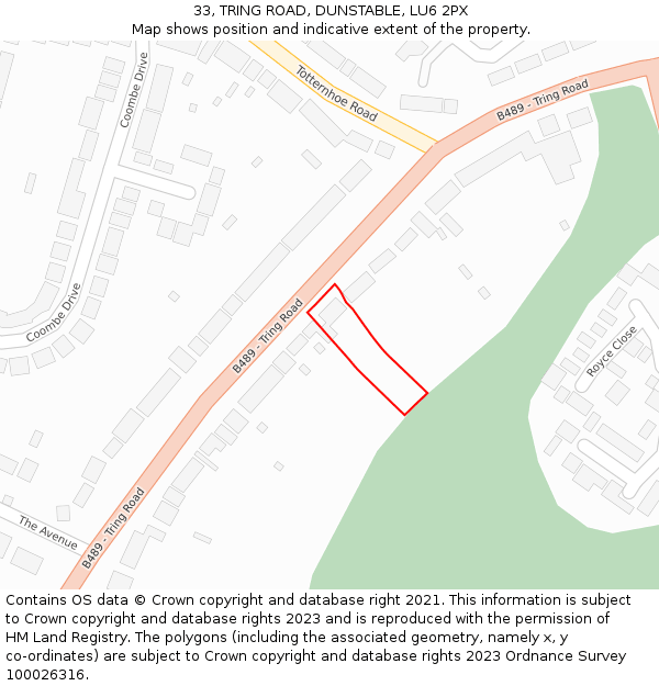 33, TRING ROAD, DUNSTABLE, LU6 2PX: Location map and indicative extent of plot