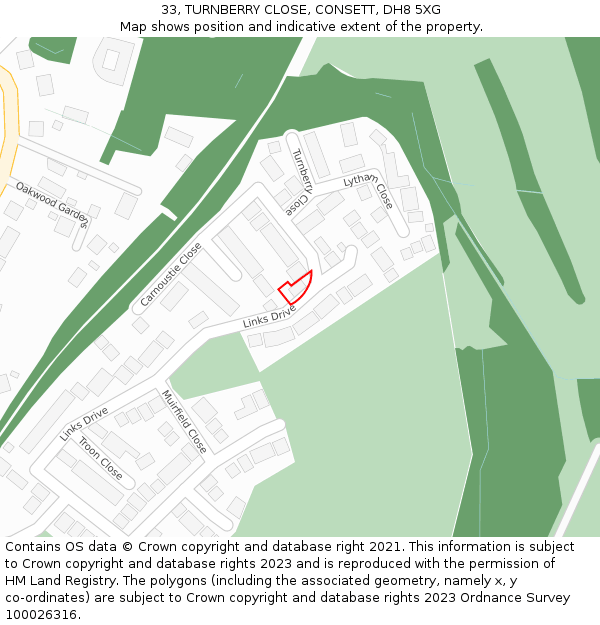 33, TURNBERRY CLOSE, CONSETT, DH8 5XG: Location map and indicative extent of plot